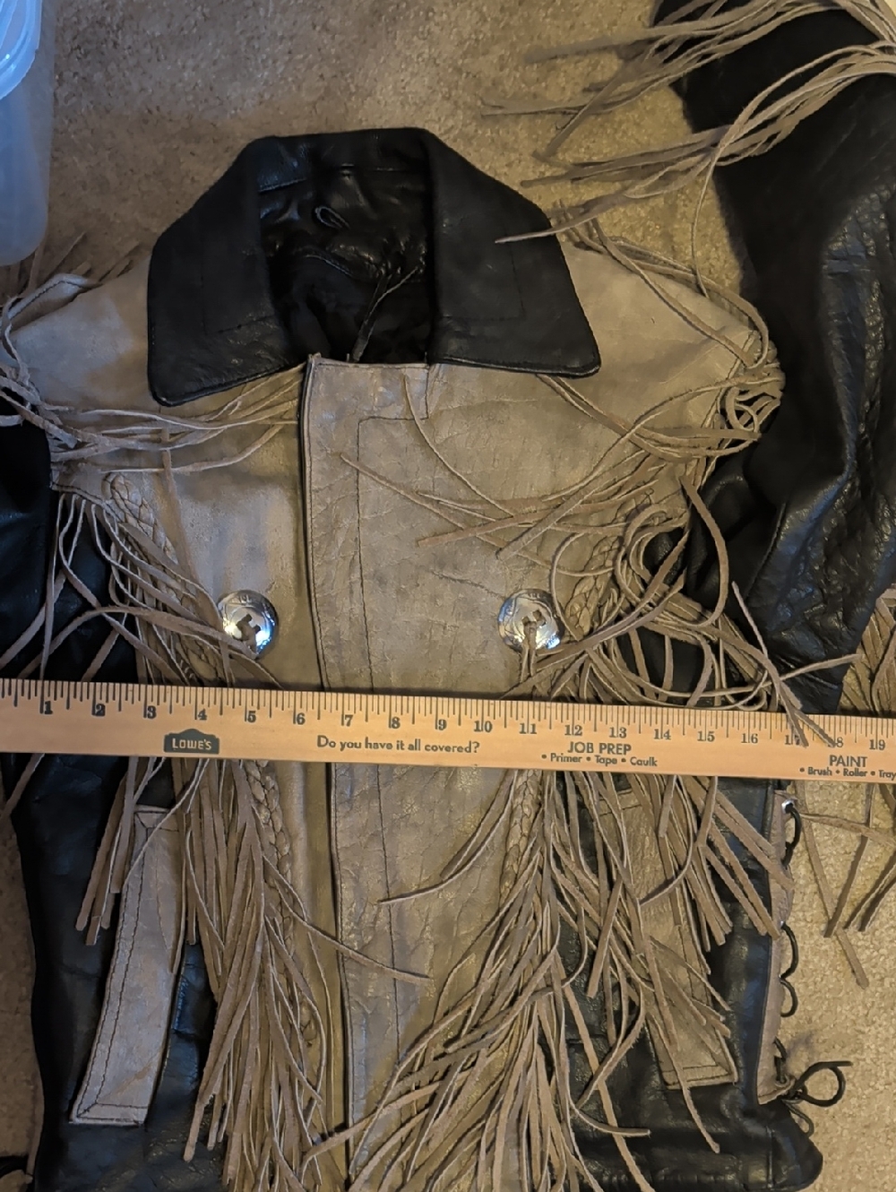 Two-Tone Fringed Leather Moto Jacket in Gray and Black - Picture 7 of 10